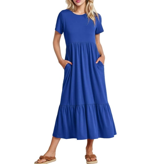SANOPY Womens Summer Casual Maxi Dress with Pockets Solid Color A line Tiered Flowy Short Sleeve Crewneck T-shirt Beach Travel Long Dresses