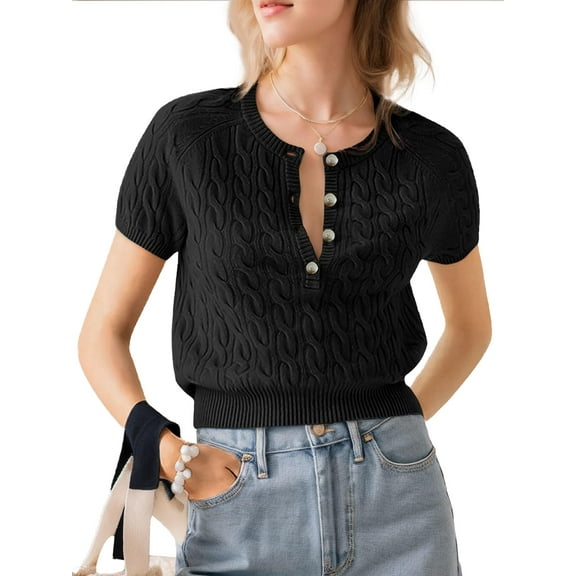 SANOPY Womens Summer Short Sleeve Cardigans Cable Knit Cropped Button Down Crewneck Lightweight Sweater Tops