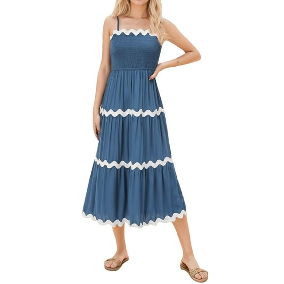 SANOPY Womens Summer Spaghetti Straps Long Dress RIC Rac Dress Casual Flowy Lace Midi Beach Dress Sundress Navy Blue S
