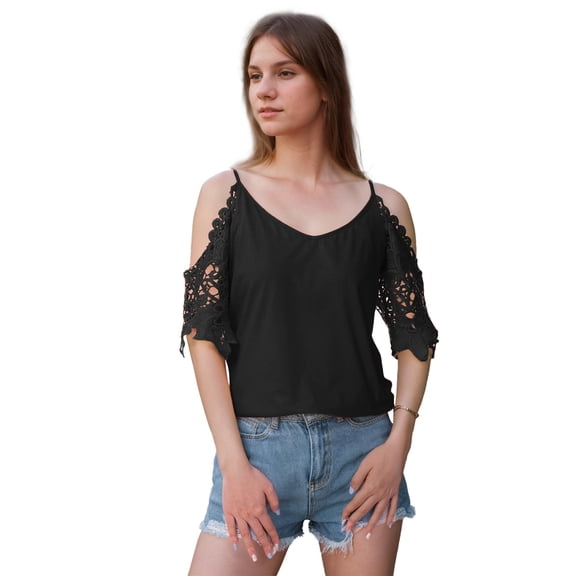 SANOPY Womens Summer V Neck Cold Shoulder Tops T Shirts Cut Out Lace Short Sleeve Solid Color Blouses Shirt