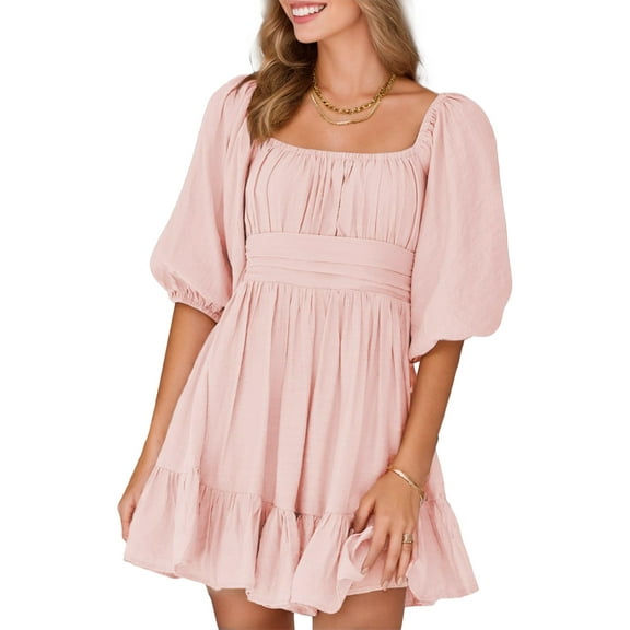 SANOPY Womens Sweet Summer A-Line Mini Dresses Square Neck Tie Back Lantern Sleeves Ruffle Hem Casual Dress Daily & Dating