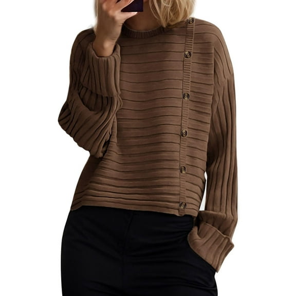 SANOPY Womens Vintage Sweaters Fall Casual Rib Long Sleeve Crewneck Button Loose Winter Knit Pullover Sweater Tops