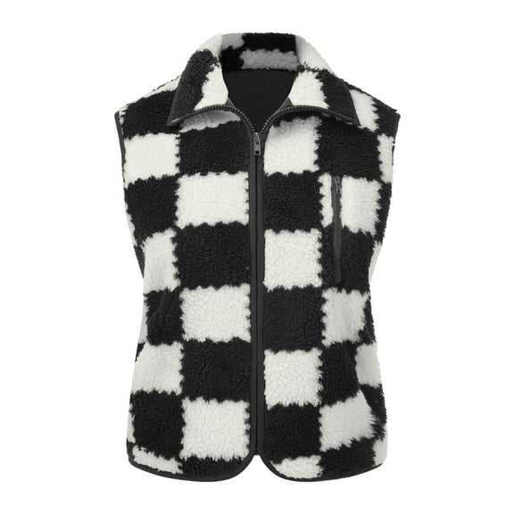 SANOPY Womens Winter Sleeveless Fleece Top Casual Collar Khaki Checkered Sherpa Collared Jacket Vest