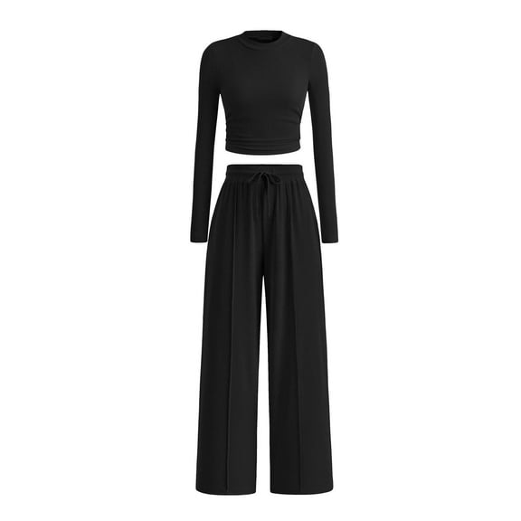 SANOPY Womens Women's Casual Two-Piece Autumn Clothing Ribbed Long-Sleeved Cropped Top Wide-Leg Pants Matching Casual Set