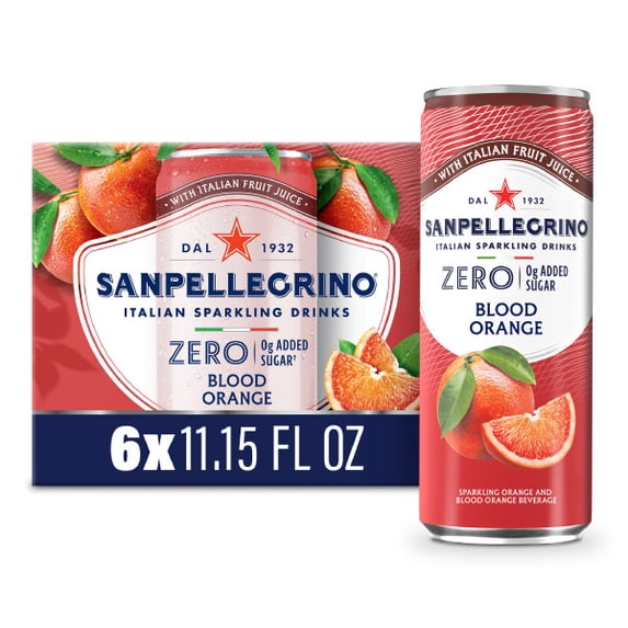 SanPellegrino Zero Sugar Sparkling Blood Orange Soda Pop, 6 Pack Cans, 11.15 fl oz