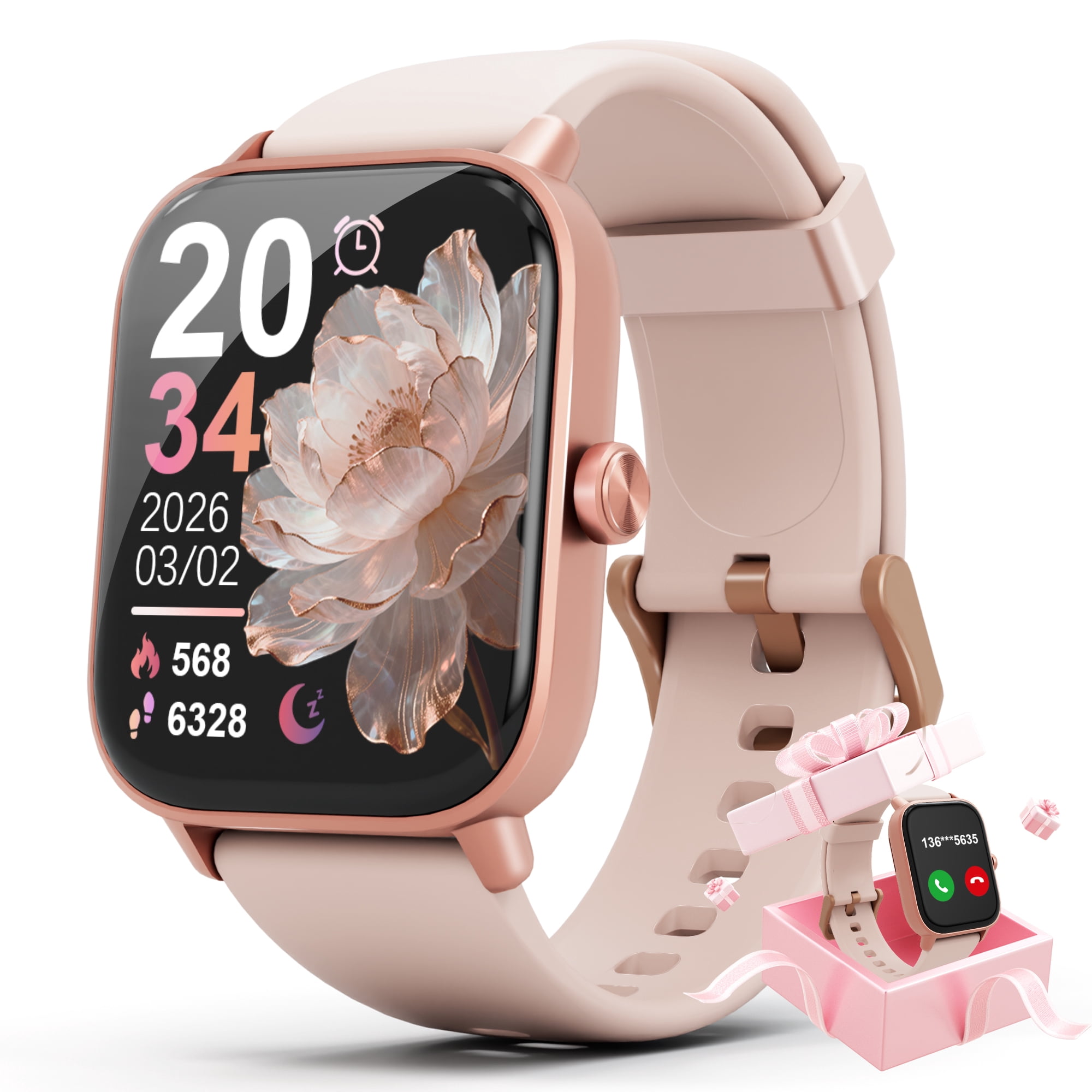 SANPTENT Smart Watch Compatible with Android and iPhone, 1.83" HD Touchscreen, Answer/Make Calls/100+ Sports Modes/Message Reminder, IP68 Waterproof, Pink