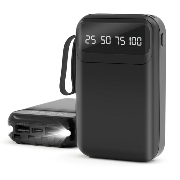 SANPTENT 10000mAh Power Bank Portable Charger with Cables, USB Battery Pack Compatible for iPhone & Android Cell Phones, Black