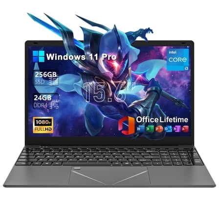 SANPTENT 15.6" Laptop Windows 11 Pro, Intel Core i3, 24GB RAM, 256GB SSD, 1080p FHD Display, Backlit Kerboard, Fingerprint, WiFi5, Bluetooth5, Webcam, Mini-HDMI, TF Card Slot