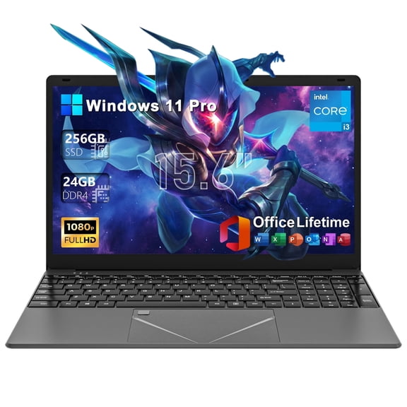 SANPTENT 15.6" Laptop Windows 11 Pro, Intel Core i3, 24GB RAM, 256GB SSD, 1080p FHD Display, Backlit Kerboard, Fingerprint, WiFi5, Bluetooth5, Webcam, Mini-HDMI, TF Card Slot