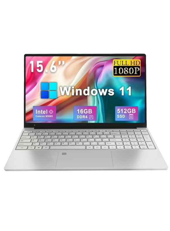 SANPTENT 15.6 inch 1080p FHD Laptop Computer 16GB RAM 512GB SSD with 4 Core Intel Celeron N5095, FingerPrint, Backlit Keyboard, Windows 11 Pro
