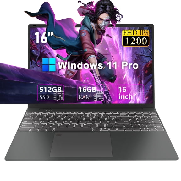 SANPTENT 16" 1920x1200 IPS Display Windows 11 Pro Laptop Computer, 16GB RAM 512GB SSD, Intel Alder Lake N95, Fingerprint, Backlit Keyboard