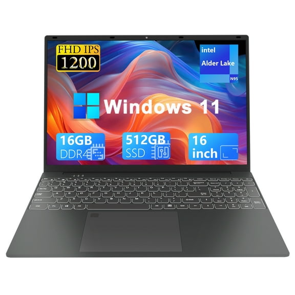 SANPTENT 16" Laptop Intel Celeron N95, 16GB RAM, 512GB SSD, Wi-Fi Webcam HDMI Windows 11 Pro Computer