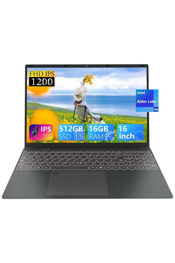 16 inch 1920x1200 IPS FHD Laptop Computer, 16GB DDR4 RAM 512GB SSD, Intel Quad-Core Alder Lake N95, UHD Graphics, Wi-Fi, Bluetooth, Backlit Keyboard, Fingerprint, Windows 11 Pro