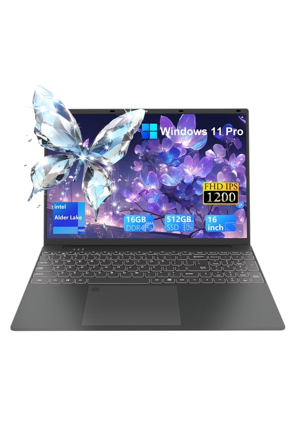 16 inch Windows 11 Pro Laptop 16GB RAM 512GB SSD with 4 Core Intel Alder Lake N95, 1920x1200 FHD IPS Screen, FingerPrint, Backlit Keyboard, Ultra Thin and Light
