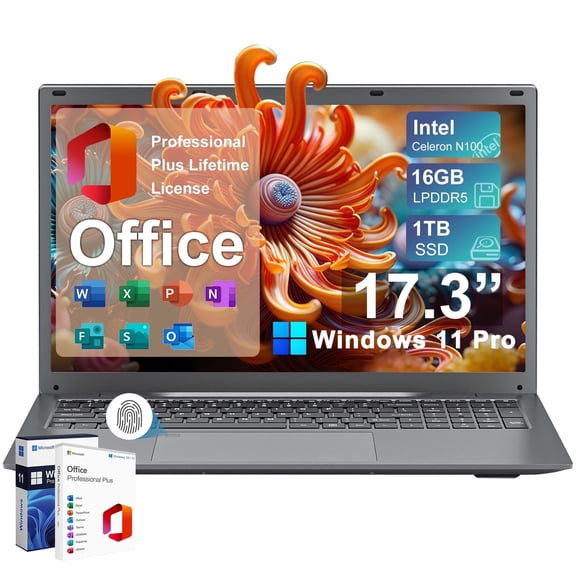 SANPTENT 17.3", Quad-Core Intel Alder Lake N100 processor, 16GB RAM, 1TB SSD, Win 11 Pro with Microsoft Office Computer