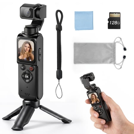 SANPTENT 4K Vlogging Camera with Videos, Pocket Gimbal Camera Rotation, Face Tracking, Long Battery Life, 128G Card Travel Digital Video Camera for YouTube TikTok Creators