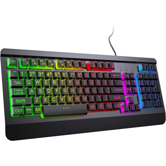SANPTENT Gaming Keyboard with Large Print Keys, Light Up Keyboard with All-Metal Panel, Quiet Computer Keyboards with Rainbow Backlit, Wrist Rest, Anti-Ghosting,USB Wired Keyboard for PC