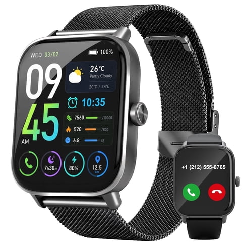 SANPTENT Smart Watch for Women Men, 1.83" HD Screen, Make/Answer Call, Sleep Monitor, 100+Sports Modes, Waterproof Fitness Watch Compatible for Android & iPhone, Black, 2 Bands
