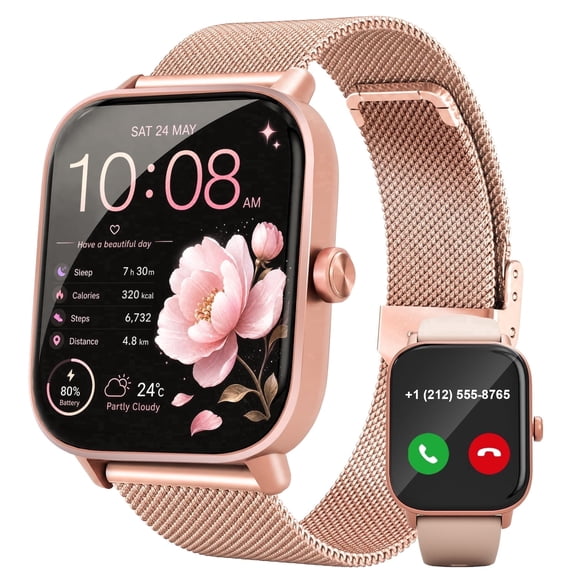 SANPTENT Smart Watch Fits for Android and iPhone, 1.83" HD Screen Fitness Tracker, Men Women's Smartwatch with Answer/Make Calls/Sleep Monitor/100+ Sports Modes, IP68 Waterproof, Pink, 2 Bands