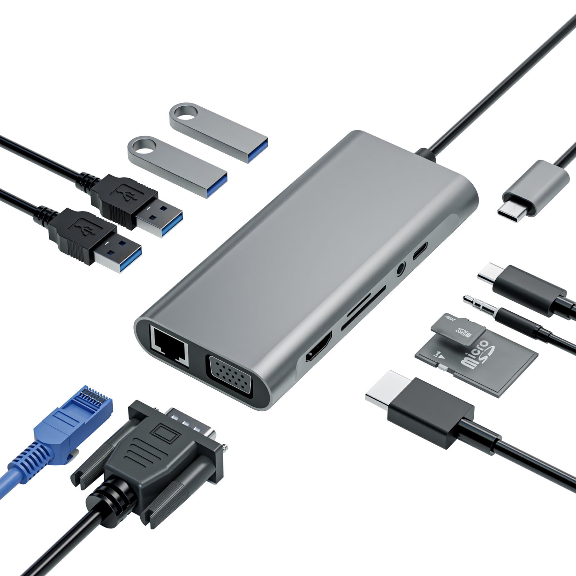 SANPTENT USB C Hub, 11-in-1 Docking Station Multiport Adapter, 4K HDMI-compatible VGA 4 USB Data Transfer Ports 100W PD Charging, Audio SD/TF for MacBook Pro/Air, Other Type C Laptops