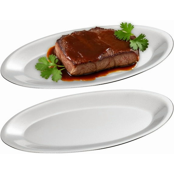 SANQIAHOME 10.9x6.7 Inch Thick Stainless Steel Dinner Plate 2-Piece Set, Egg-Shaped Appetizer Plate,Silver