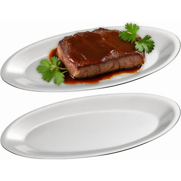 SANQIAHOME 10.9x6.7 Inch Thick Stainless Steel Dinner Plate 2-Piece Set, Egg-Shaped Appetizer Plate,Silver