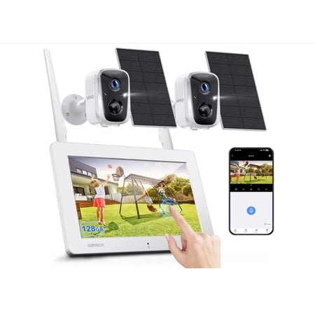 SANSCO 2K Solar Wireless Security Camera System with 4CH 7" Touchscreen Monitor, 2PCS 4MP WiFi Battery Powered Camera Outdoor with 128GB TF Card, PIR Human Detection, 2-Way Audio, Color Night Vision