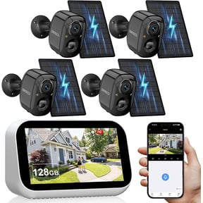 SANSCO 4 Cam Kit Wireless Solar Security Camera System Outdoor 4.4" Monitor | 128G 180-Day Storage, No Monthly Fee, 4MP Color Night Vision, 2-Way Audio, PIR Detect, 2.4/5GHz WiFi, Touch Screen All in