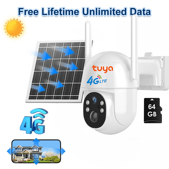 SANSCO 4G LTE Cellular Solar Security Camera Wireless Outdoor, Lifetime Free Unlimited Data No Monthly Fee, No WiFi, 2K Color Night Vision, 2-Way Audio, Built-in SIM Card and 64G Card, Tuya APP