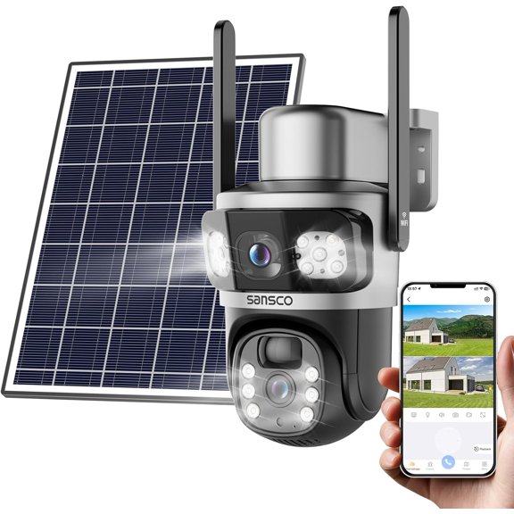SANSCO 4K Solar Security Cameras Wireless Outdoor, 8MP Dual Lens 2.4GHz & 5GHz WiFi Camera 360° View Pan/Tilt Home Security Camera with Color Night Vision,Two Way Audio, PIR Alarm,Waterproof