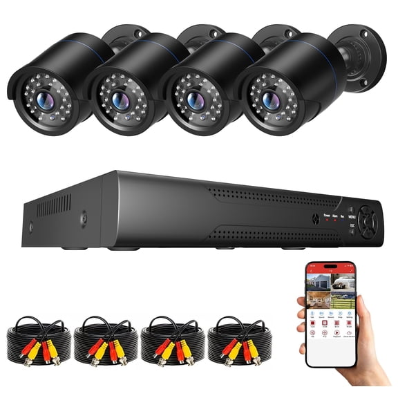 SANSCO Wired Security Camera System Outdoor, 4pcs Surveillance CCTV Bullet Cameras for Home Security, 4CH AHD TVI 5MP Lite DVR Recorder NO HDD, Motion Detection, Night Vision, Waterproof