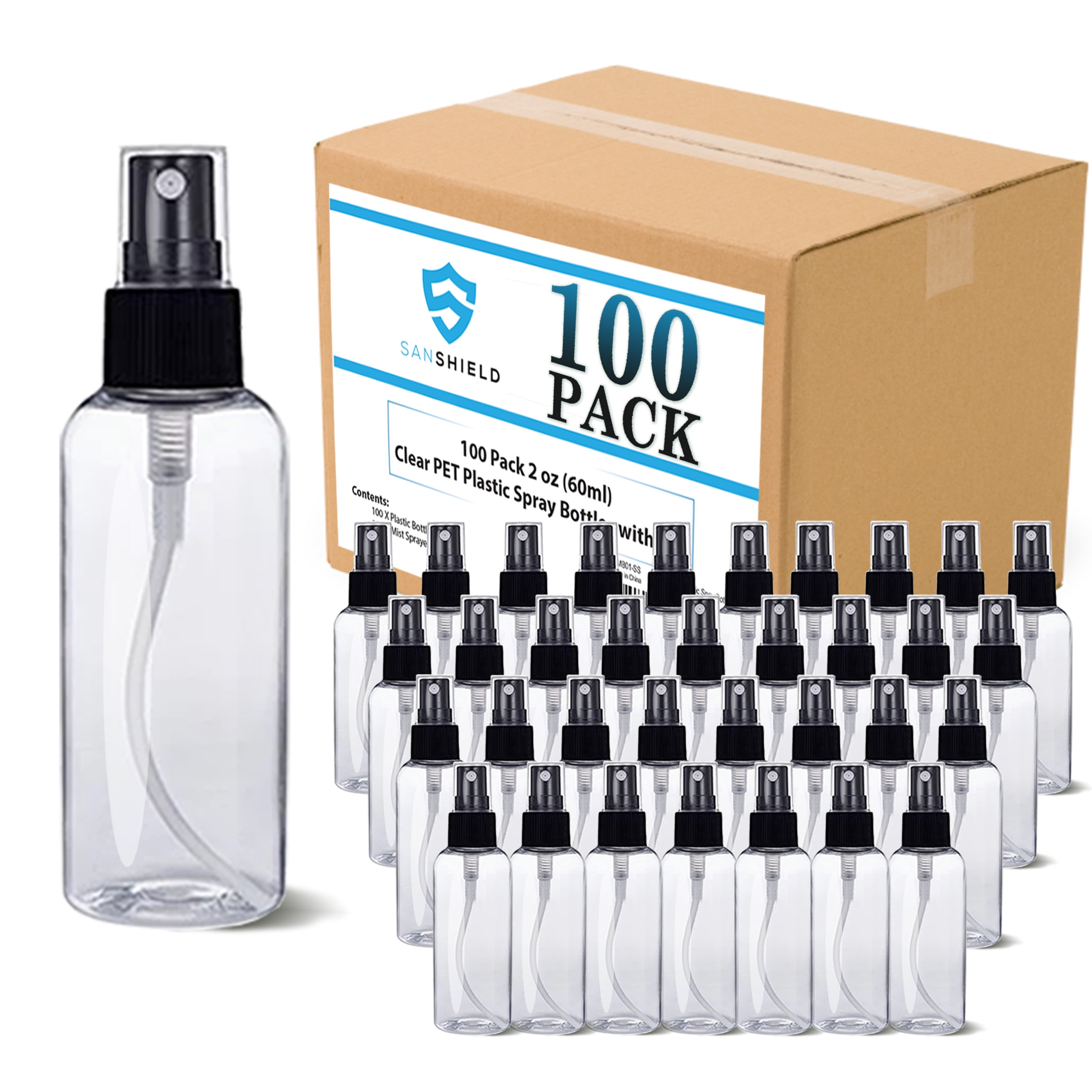 SANSHIELD 100 Pack 2 oz (60 ml) Clear PET Plastic Spray Bottles