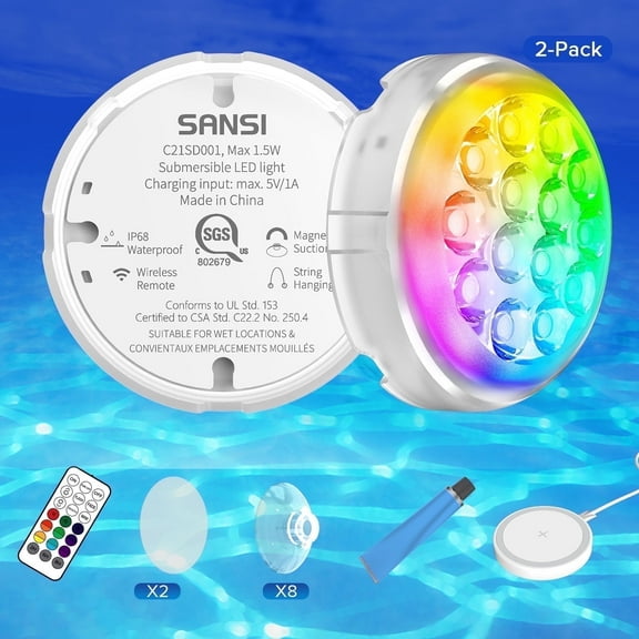 SANSI 2-Pack USB Rechargeable LED Pool Lights with Remote Control, Outdoor Submersible Night Lights