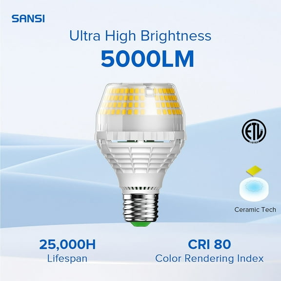 SANSI 35 Watts (400W Equiv) A19 LED Light Bulb, 5000 Lumens, E26 Base, 5000K Daylight Non-Dimmable