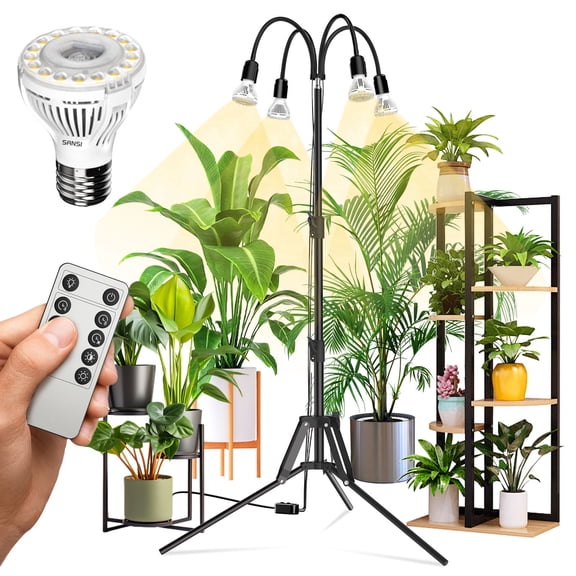 SANSI 4-Head Dimmable Grow Light, 35-64" Tripod, Remote/Timer, 4x10W PAR20 Bulbs for Indoor Plants