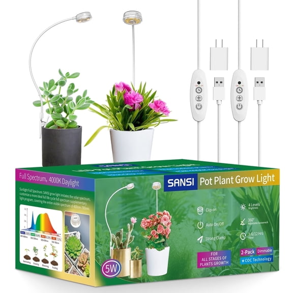 SANSI 5W LED Grow Lights, Full Spectrum White Pot Clip Indoor Plant Grow Lamp with Timer, 4-Level Dimmable, 2-Pack