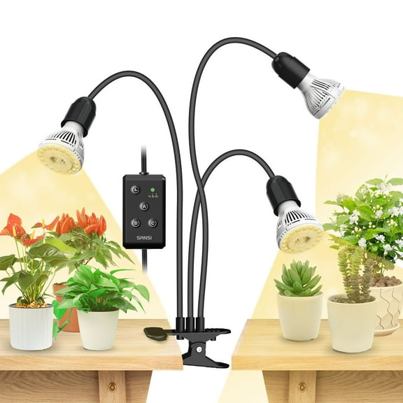 SANSI LED Grow Light 30W=450W Sunlike Plant Full spectrum Timer 3 Heads w/Bulbs