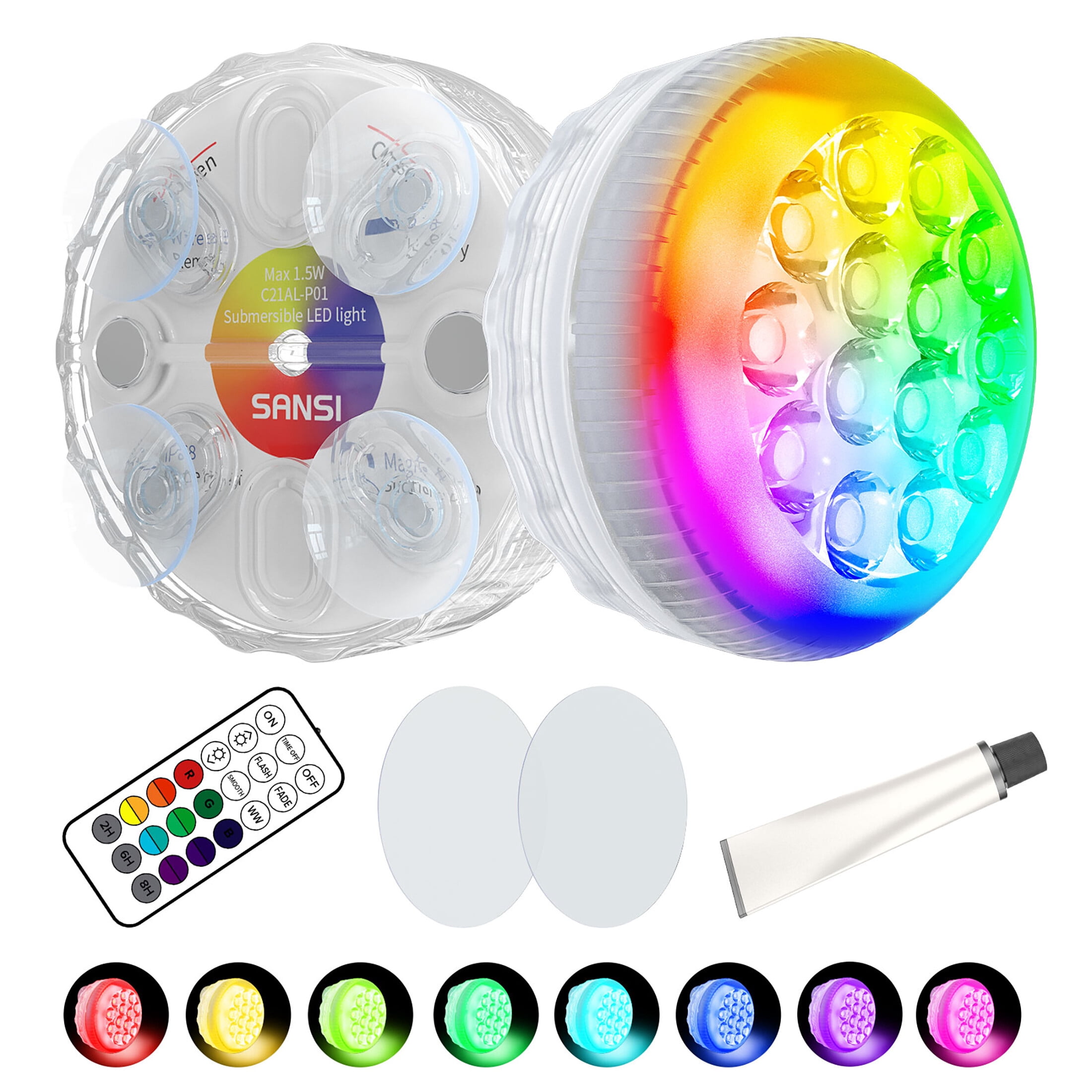 SANSI LED Pool Lights with Glue/Magnets/Suction Cups, Color Changing Underwater Pool Light, 2-Pack
