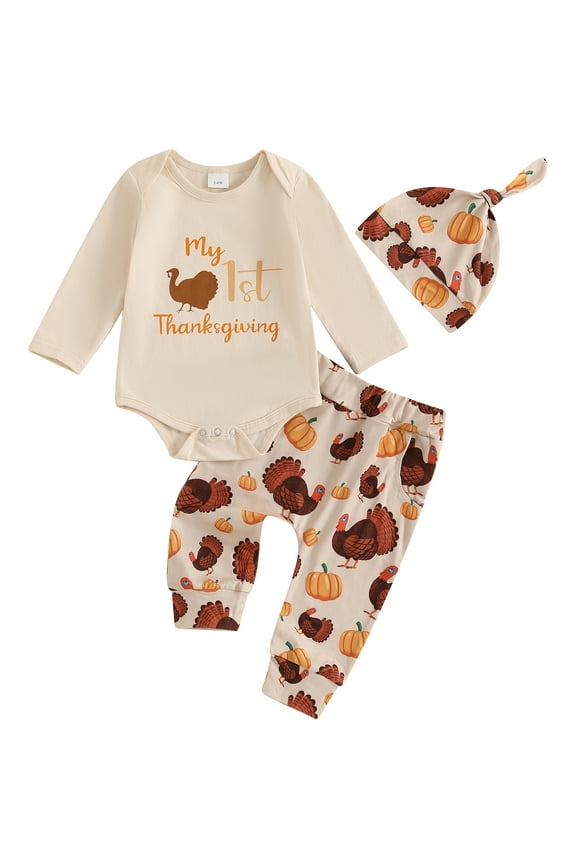Baby Boy Girl First Thanksgiving Outfits Letter Print Long Sleeve Romper+Turkey Pants+Hat Set