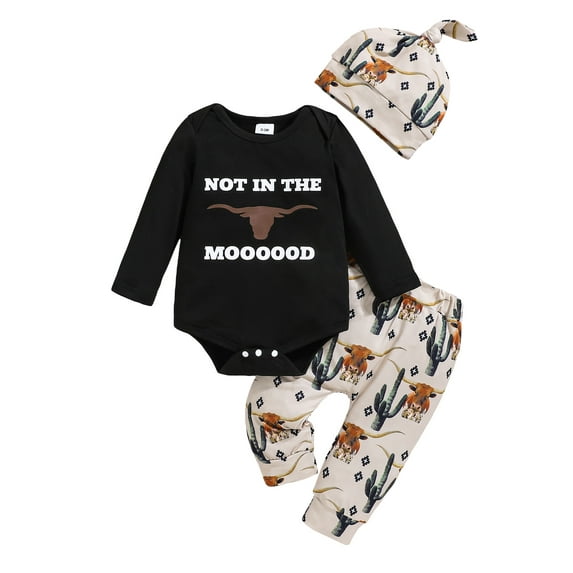 SANSIWU Infant Baby Boy Autumn Outfits Letter Print Long Sleeve Romper+Cactus Cow Print Pants Set