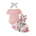 thumbnail image 1 of SANSIWU Infant Baby Girl Summer Outfits Ribbed Short Sleeve Romper+Floral Overalls Dress+Headband Set, 1 of 7