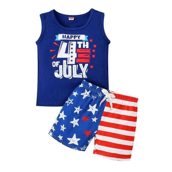 SANSIWU Little Boys 4th of July Outfits Letter Print Sleeveless Tank Tops+Stars Striped Shorts Summer Set