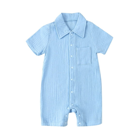 SANSIWU Newborn Baby Boy Girl Jumpsuit Cotton Short Sleeve Lapel Collar Solid Color Button Up Romper