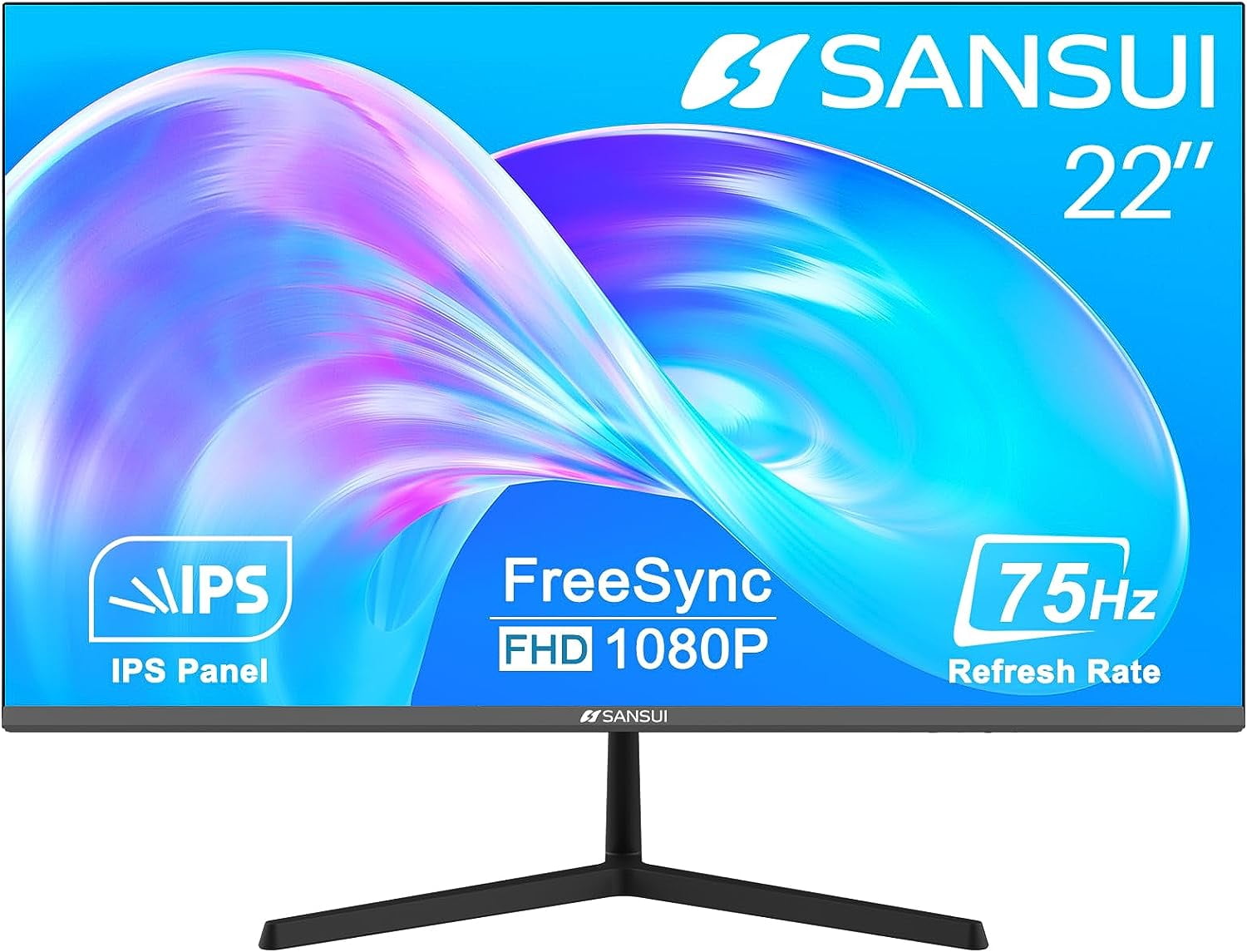 SANSUI Monitor 22 inch IPS 75Hz FHD 1080P HDMI VGA Ports Computer