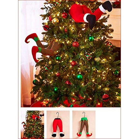 SANTA AND ELF STUCK IN CHRISTMAS TREE STUFFED PANTS DECOR