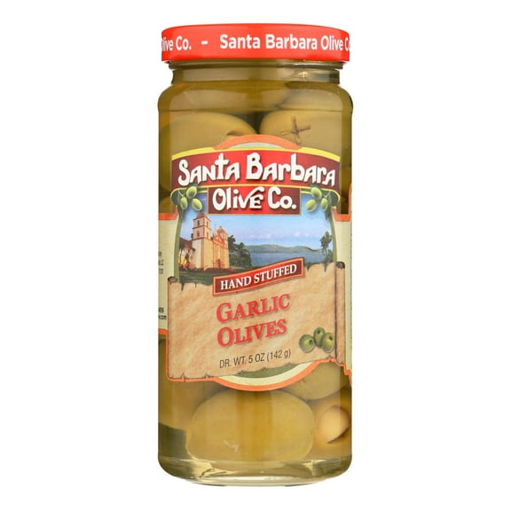 SANTA BARBARA - Gourmet Hand Stuffed Garlic Olives for Cocktails - 5 Oz, Case of 6