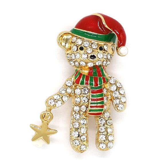 Holiday Time Gold-Tone Rhinestone Christmas Bear Brooch with Santa Hat and Star Charm
