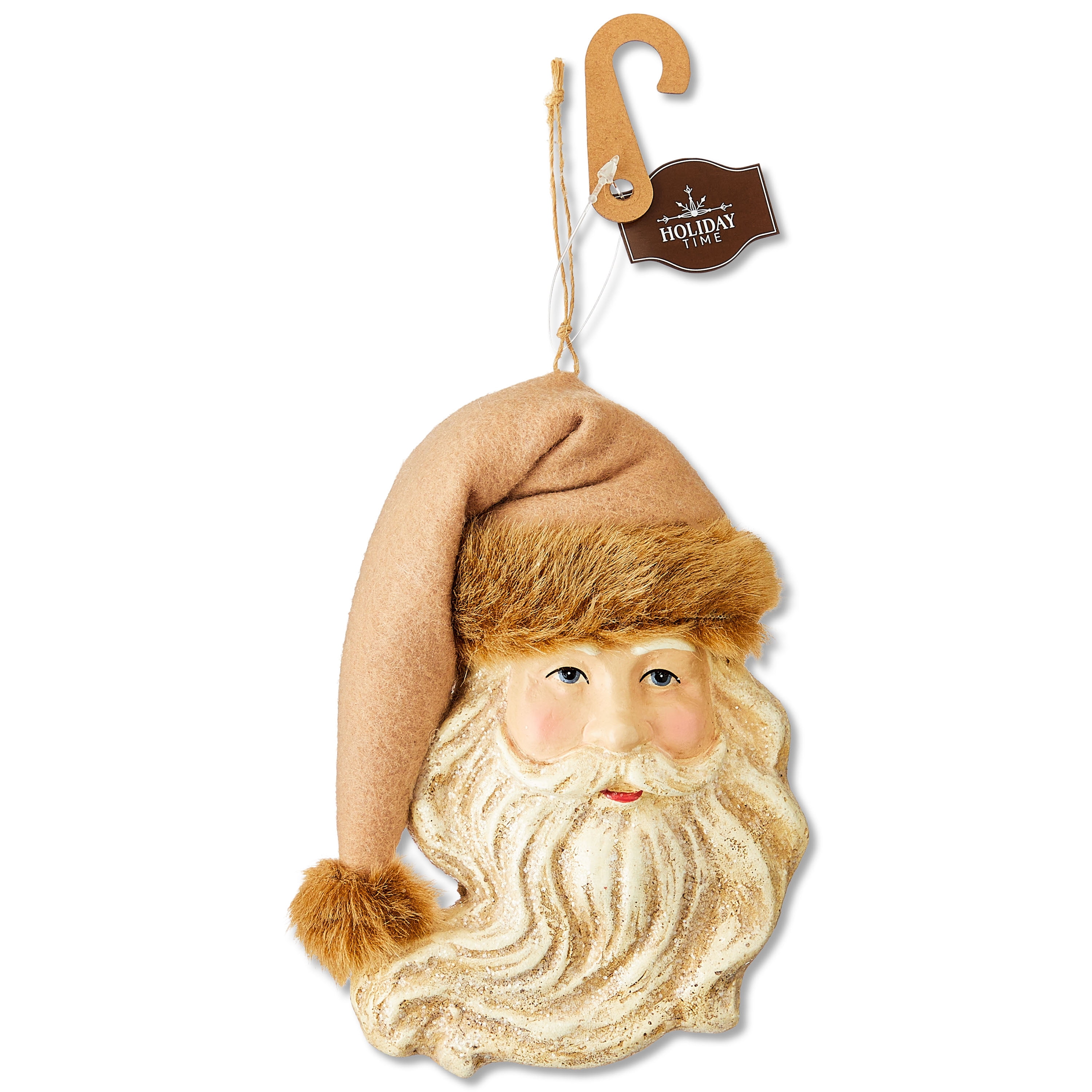 Brown and White Paper Mache Santa Fur Trim Christmas Ornament, Cabin Chic Theme, 6.6", by Holiday Time