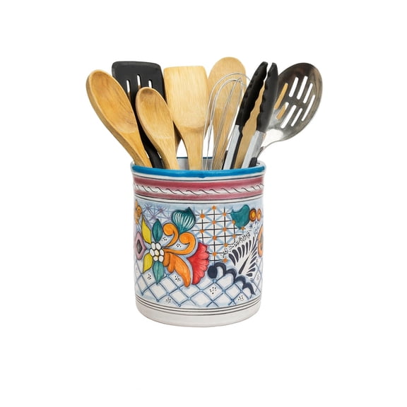 SANTA VISTA Handmade Talavera Utensil Holder - Mexican Ceramic Pottery, Large 8-Inch Kitchen Cooking Utensil Crock, Decorative Vase for Countertop Storage Y101