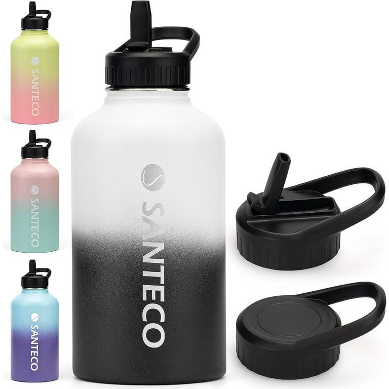 SANTECO Water Bottle 64 oz, Half Gallon Vacuum Insulated Stainless Steel  Bottle with Straw Handle Lid, Leakproof, Wide Mouth Easy Clean, Keep Drinks  Hot & Cold for Gym, Camping, Hiking, Black White 